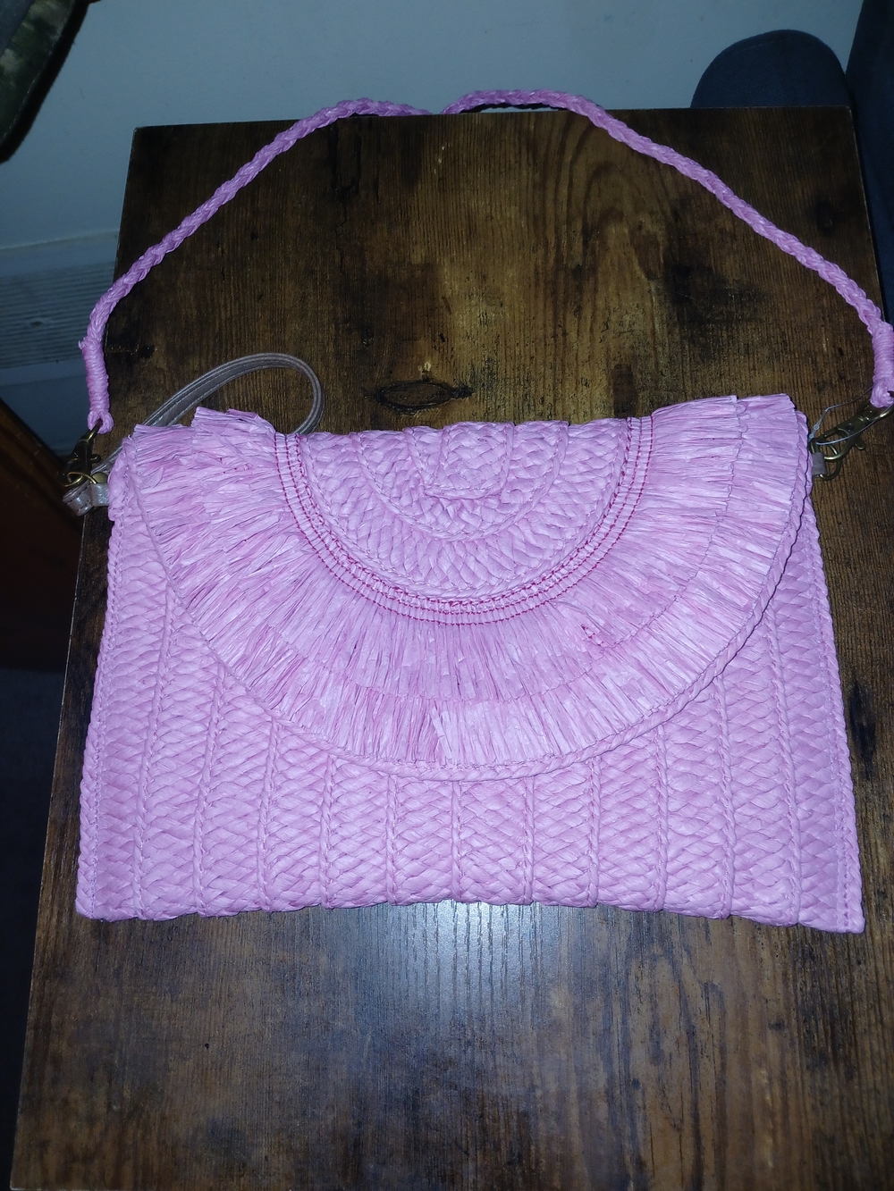 Handwoven Pink Straw Crossbody Bag with Braided Strap
